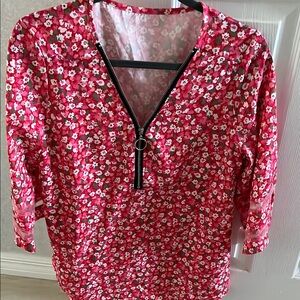 Red V-neck Blouse with 3/4 Sleeves and Zippered Closure